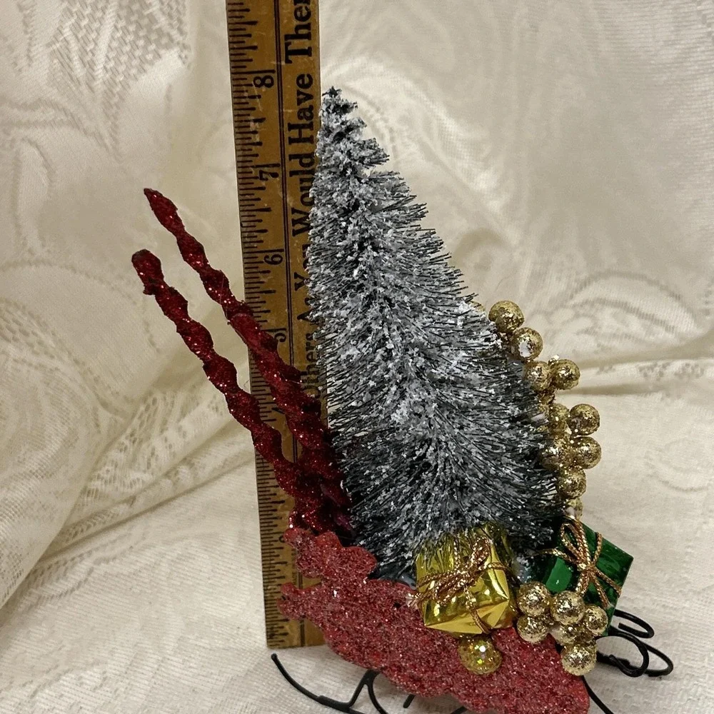 Vintage Tin Dept. 56 Sleigh‎ Red Glitter Brush Tree Christmas Assemblage Display